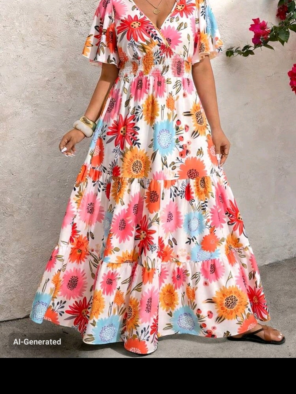 SHEIN White Maxi Dress with Pink, Orange & Blue Floral Print